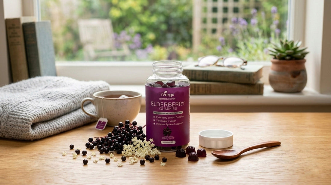 iVergo Elderberry Gummies – Vegane Holunderbeeren-Fruchtgummis ohne Zucker für das Immunsystem auf einem Holztisch neben einer Tasse Tee.
