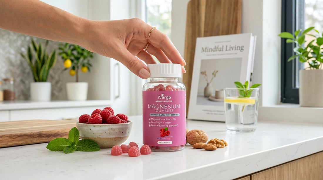 Eine Dose iVergo Magnesium Gummies mit Himbeergeschmack auf einer hellen Küchenzeile. Eine Hand greift nach den veganen, zuckerfreien Fruchtgummis, umgeben von frischen Himbeeren und Nüssen.