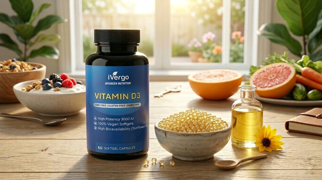iVergo Vitamin D3 Dose (3000 IE) neben einer Schale mit kleinen, goldgelben veganen Softgel-Kapseln und Sonnenblumenöl auf einem sonnigen Frühstückstisch.