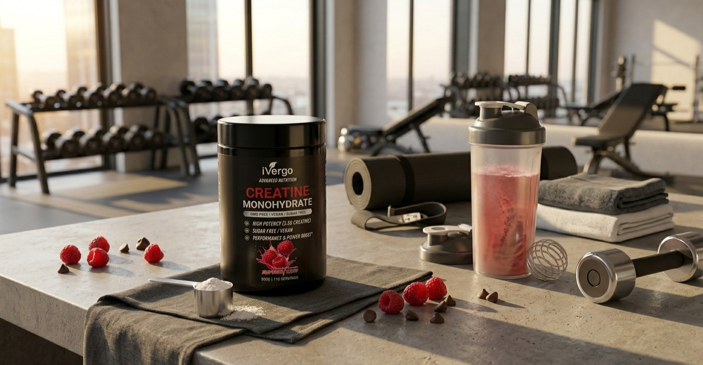 iVergo Creatine Monohydrate Himbeer-Geschmack in einem modernen Fitnessstudio auf einem Tisch mit Hanteln, Shaker und frischen Himbeeren für den Muskelaufbau.