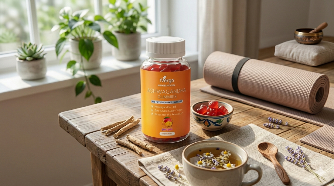 Lifestyle-Produktfoto der iVergo Ashwagandha Gummies in einer transparenten Dose auf einem Holztisch, umgeben von Ashwagandha-Wurzeln, einer Tasse Kräutertee und einer Yogamatte.
