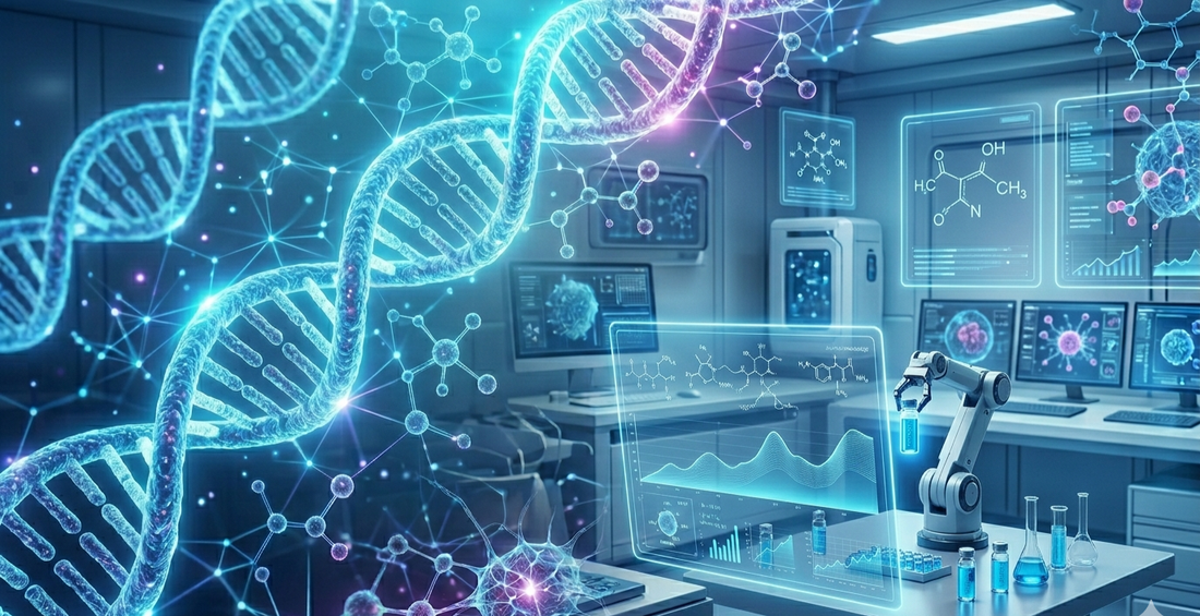 Biowissenschaftliche Forschung, Labor, DNA-Doppelhelix, Molekulare Struktur, Holografisches Display, Textfreie wissenschaftliche Visualisierung, Futuristische Wissenschaft, Medizinische Forschung, Laborgeräte, Forscher.
