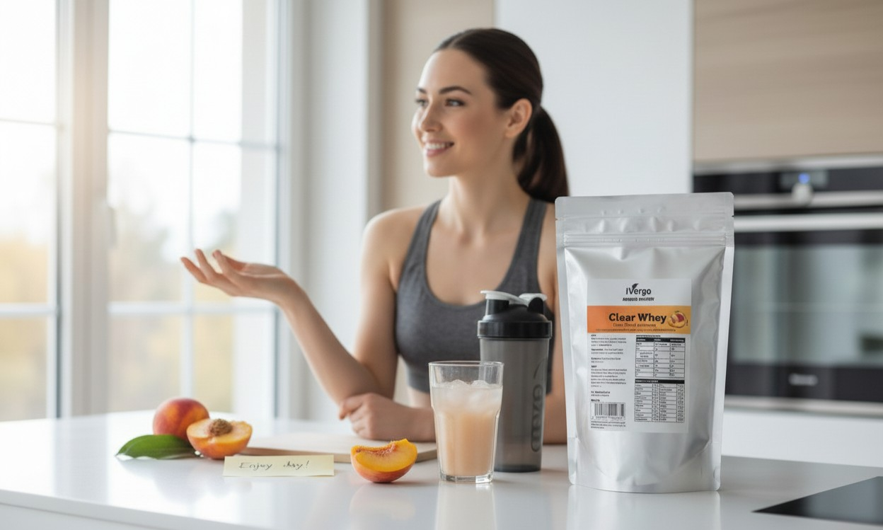 iVergo Clear Whey Isolat im Eistee-Pfirsich Geschmack: Standbeutel auf einer hellen Küchenarbeitsplatte neben einem frisch gemixten Protein-Drink, einem Shaker und frischen Pfirsichen, im Hintergrund eine lächelnde sportliche Frau.