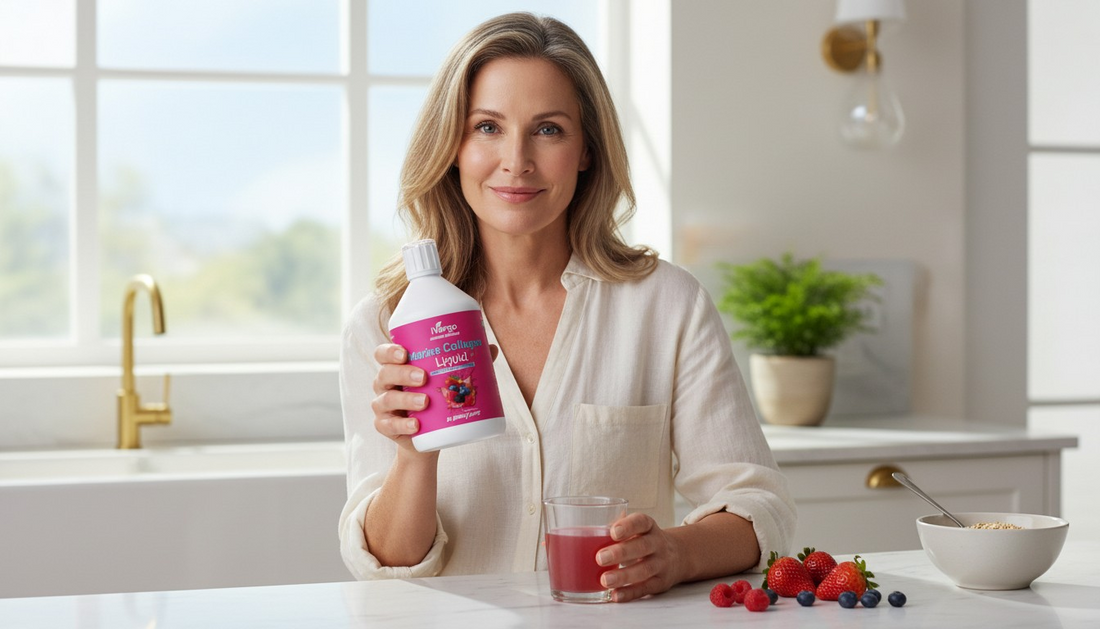 Lächelnde Frau hält Flasche Vivo Collagen Liquid in moderner Küche, mit frischem Beeren-Smoothie, Erdbeeren, Himbeeren und Blaubeeren auf dem Tisch – natürliches Kollagen-Supplement für Haut und Wohlbefinden.