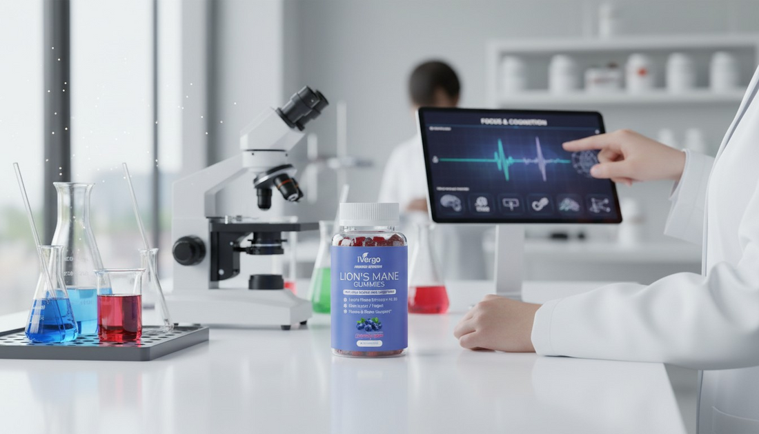 iVergo Lion's Mane Gummies im modernen Labor – Wissenschaftlerin in weißem Kittel zeigt auf Tablet mit „Focus & Cognition“-Diagramm, im Vordergrund das blaue Gummi-Dose mit Löwenmähne, Mikroskop und Laborbecher im Hintergrund