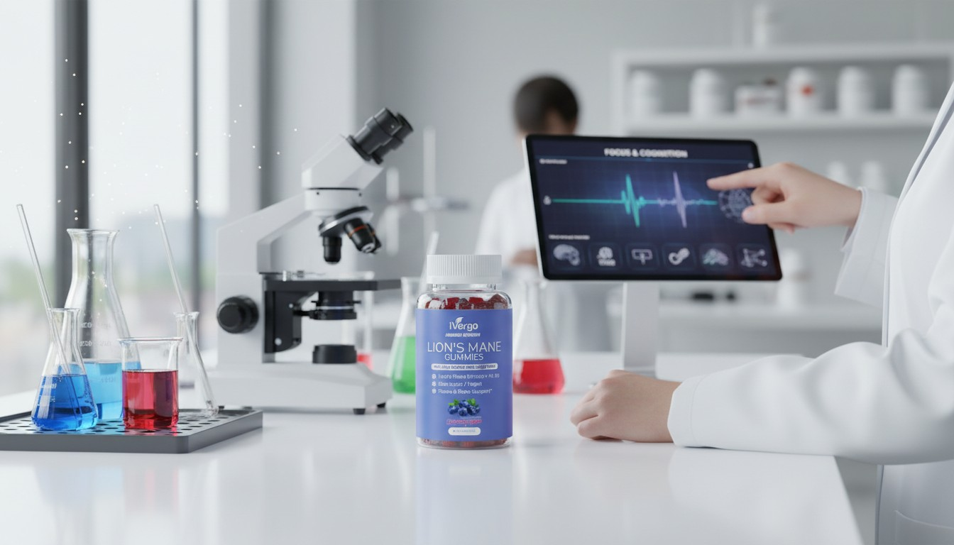 iVergo Lion's Mane Gummies im modernen Labor – Wissenschaftlerin in weißem Kittel zeigt auf Tablet mit „Focus & Cognition“-Diagramm, im Vordergrund das blaue Gummi-Dose mit Löwenmähne, Mikroskop und Laborbecher im Hintergrund