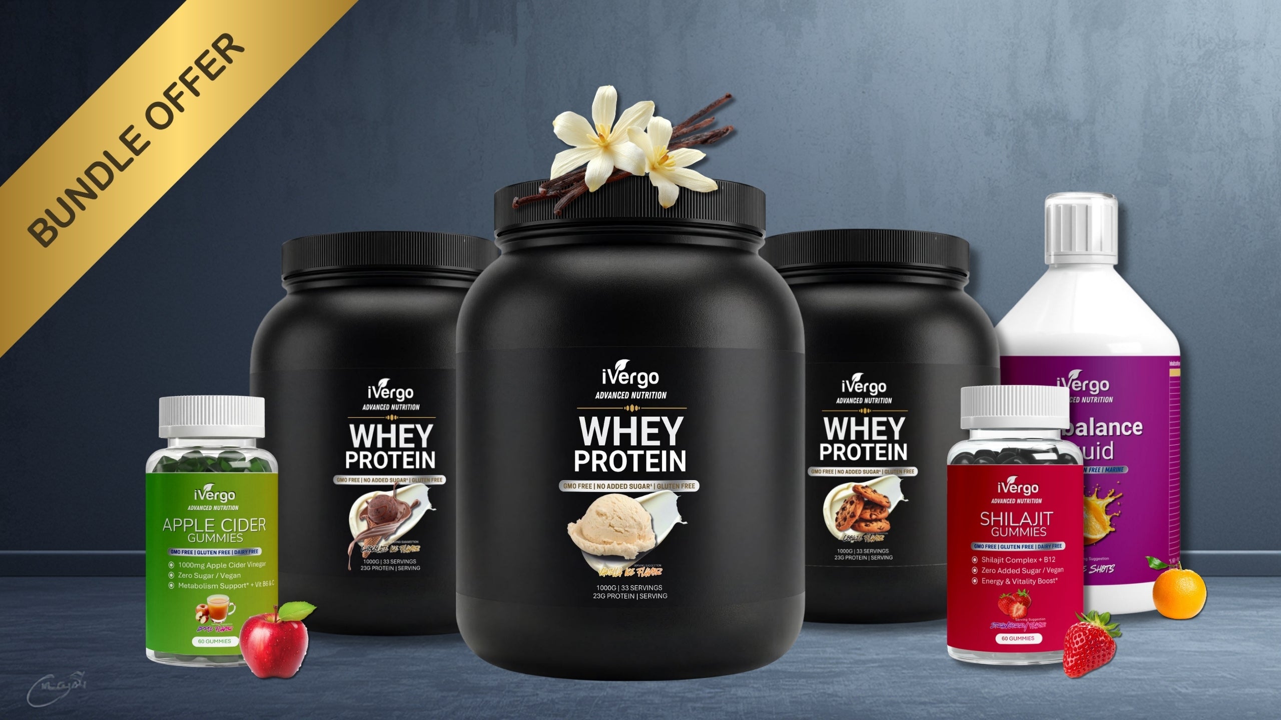 iVergo Nutrition Spar-Bundle Kollektion mit Whey Protein, Vitamin Gummies, Premium Supplements und einem Shaker vor dunklem Hintergrund.