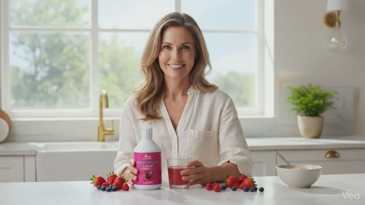 Frau präsentiert das flüssige iVergo Marine Collagen Liquid PLUS mit frischen Erdbeeren - Hochwertiges Kollagen für Beauty von innen